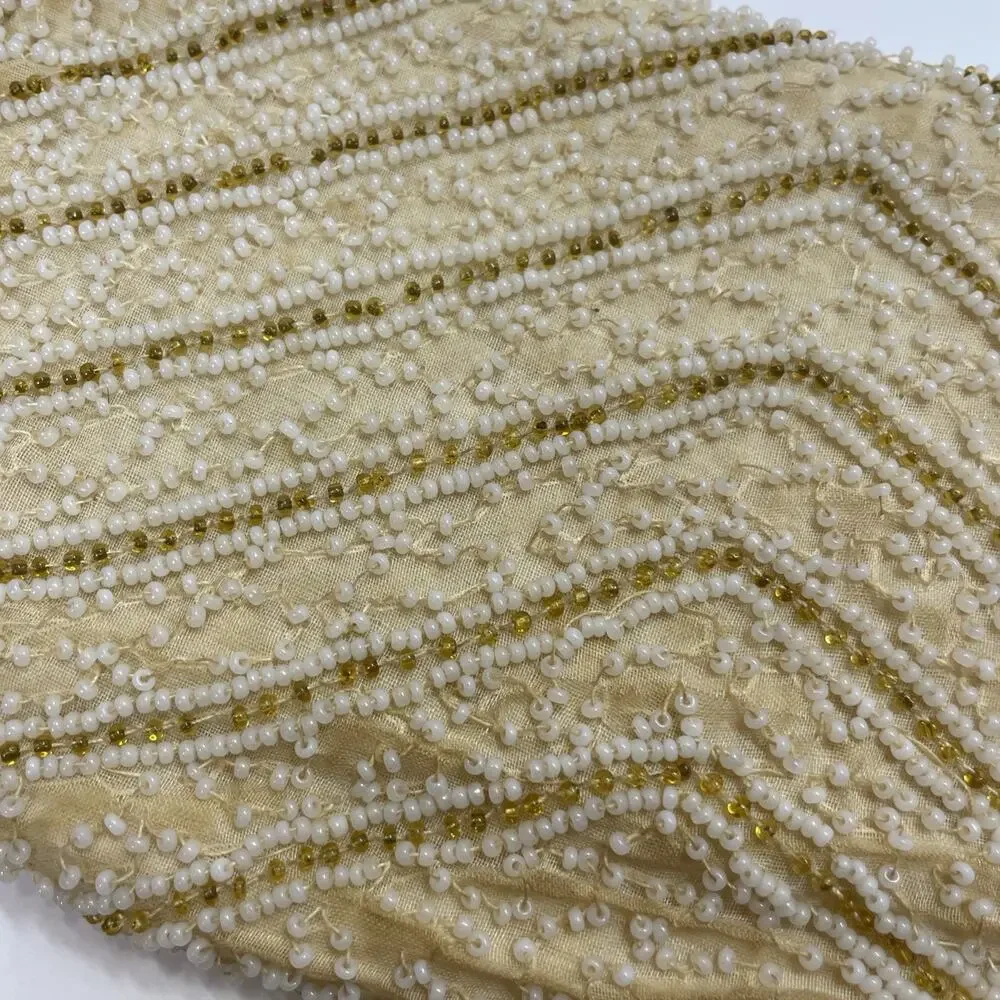 Vintage Ivory Beaded Clutch Purse Evening Bag Chevron Gold Accents
